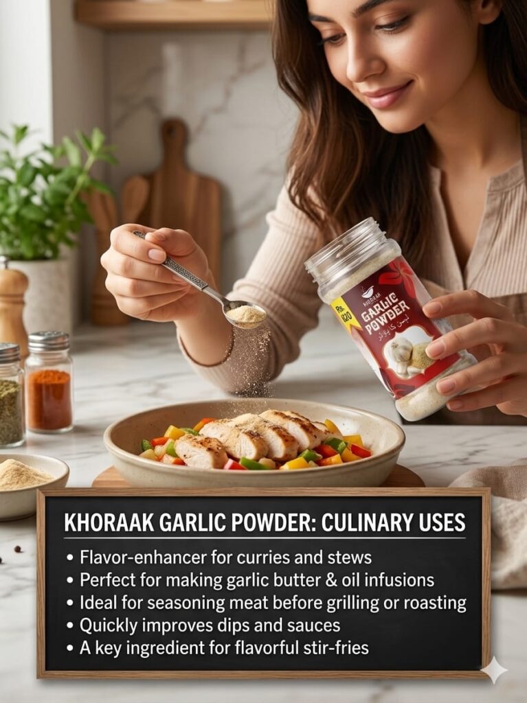 Khoraak Foods Pure Garlic Powder 100g jar made from premium quality garlic with rich aroma and authentic flavor.