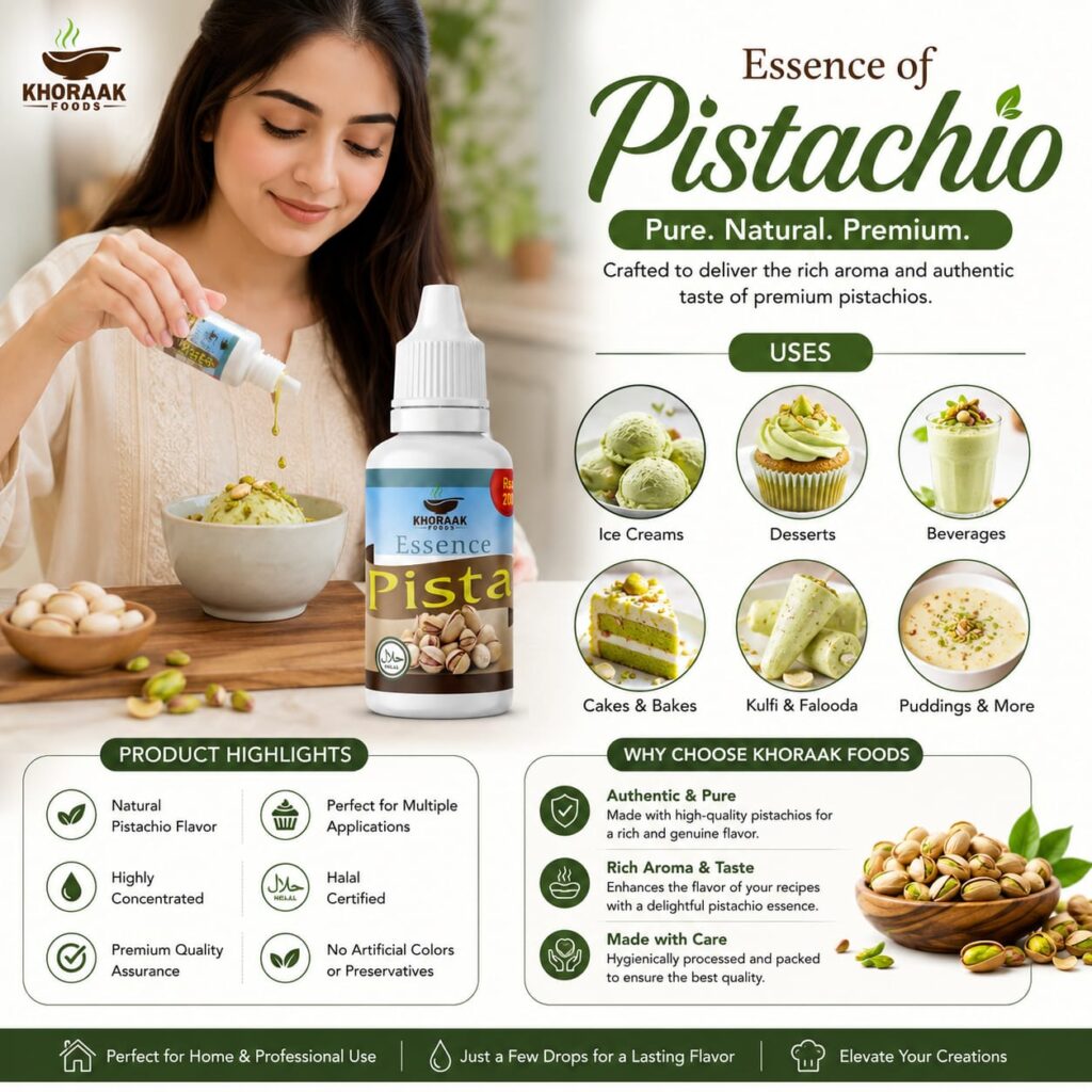 Khoraak Foods Pista Essence, a concentrated pistachio flavoring essence for desserts, bakery items, beverages, ice cream, and sweet recipes.