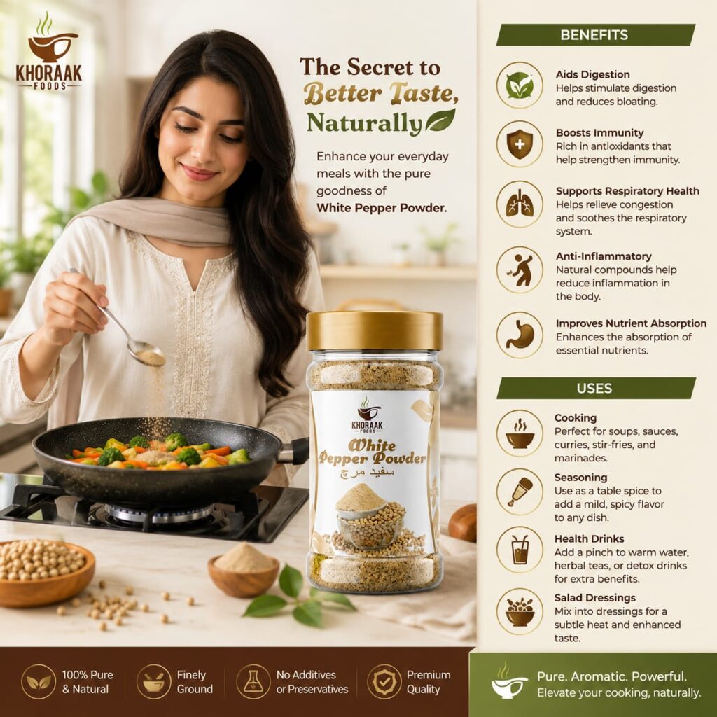 Khoraak Foods White Pepper Powder premium quality finely ground white pepper in a sealed jar.