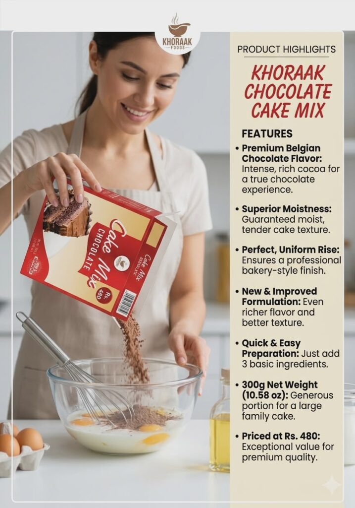 Khoraak Foods chocolate cake mix ideal for celebrations and baking