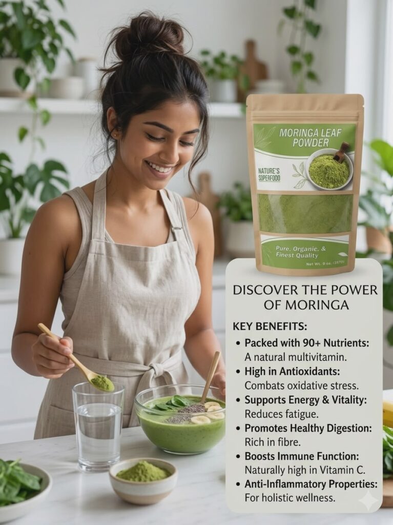 Moringa leaf powder in kraft pouch packaging natural superfood supplement