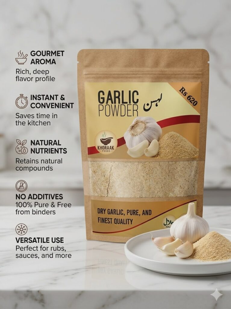 Garlic powder pouch with fresh garlic cloves
