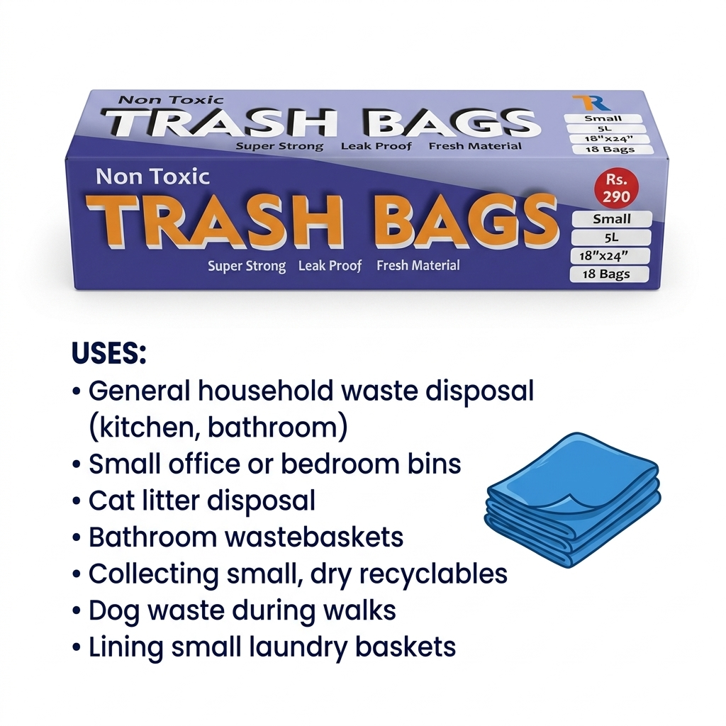 Non Toxic Trash Bags Small 5L with 18 leak proof and super strong garbage bags for everyday household use.