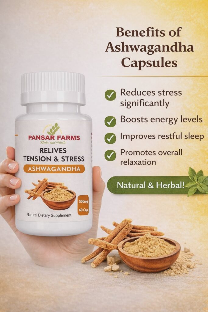 Pansar Farms Ashwagandha capsules bottle 500mg natural herbal supplement for stress relief