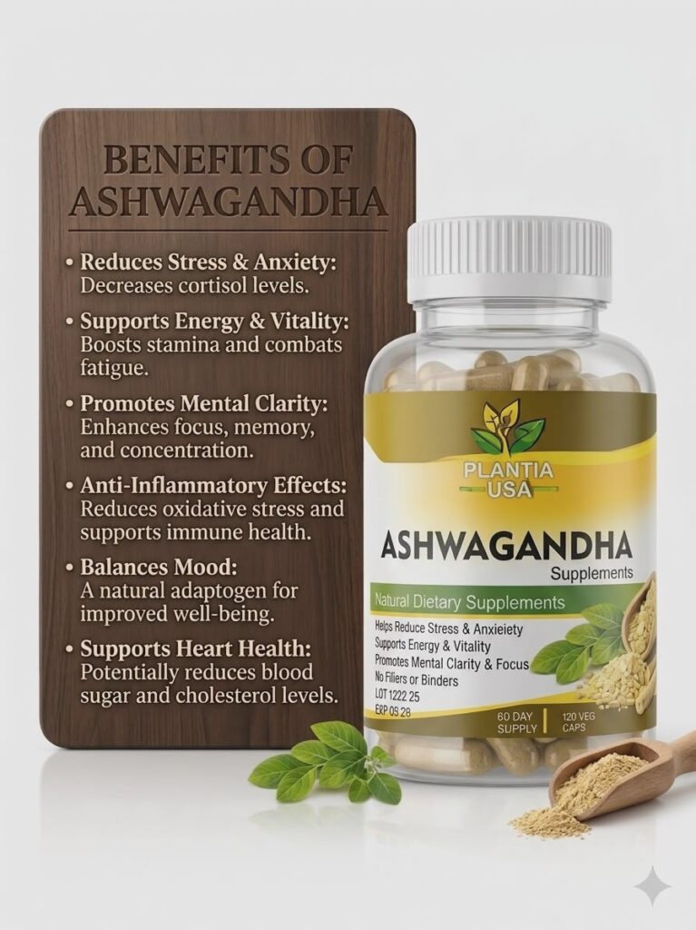 Plantia USA Ashwagandha capsules bottle with natural herbal supplement