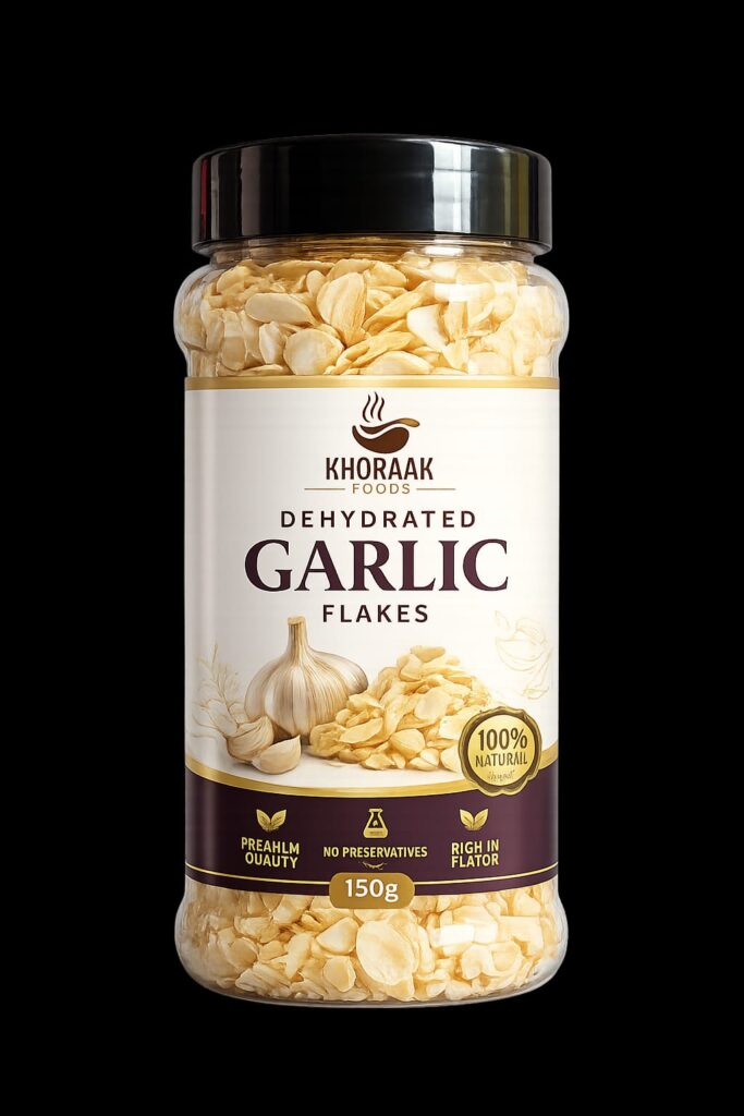 Jar of Khoraak Foods dehydrated garlic flakes 150g packaging.