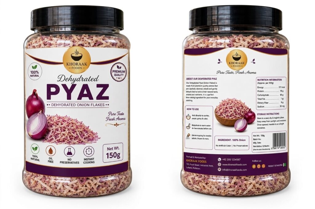 Premium jar of Khoraak Foods Dehydrated Pyaz onion flakes
