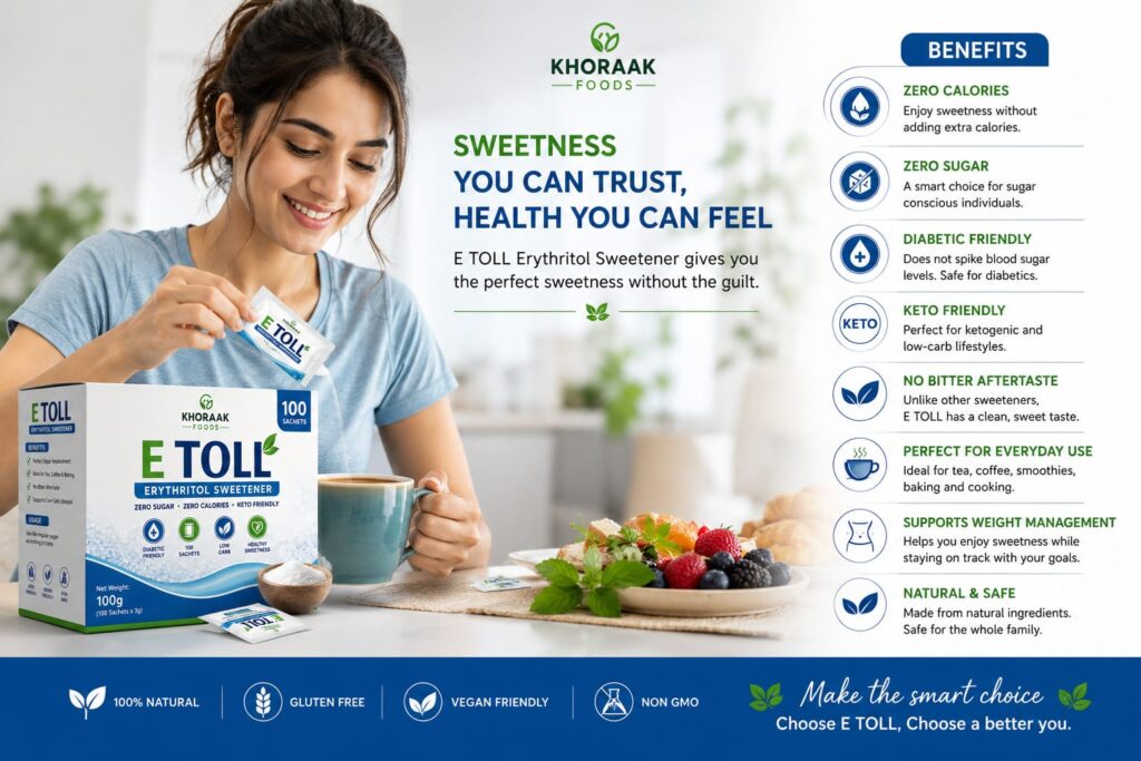 Khoraak Foods E TOLL Erythritol Sweetener 100 Sachets box pack zero sugar sweetener