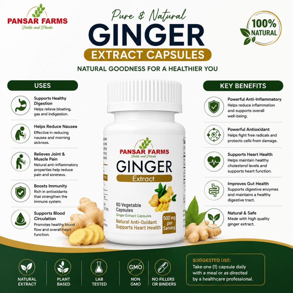 PANSAR FARMS Ginger Extract Capsules benefits infographic with herbal wellness features.