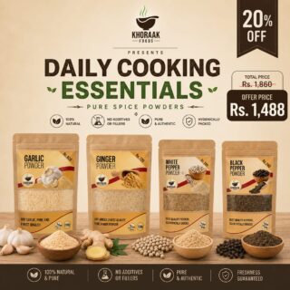 Khoraak Foods Daily Cooking Essentials spice combo featuring Garlic Powder, Ginger Powder, White Pepper Powder, and Black Pepper Powder in premium kraft packaging.