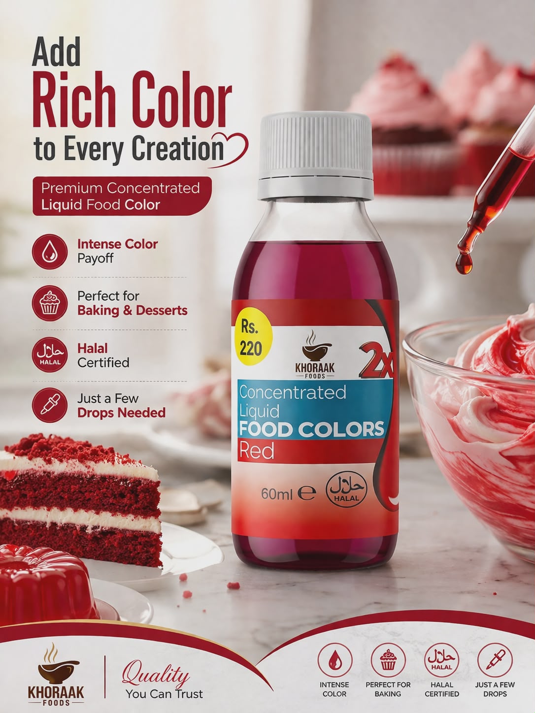 Khoraak Foods red liquid food color bottle 60ml concentrated