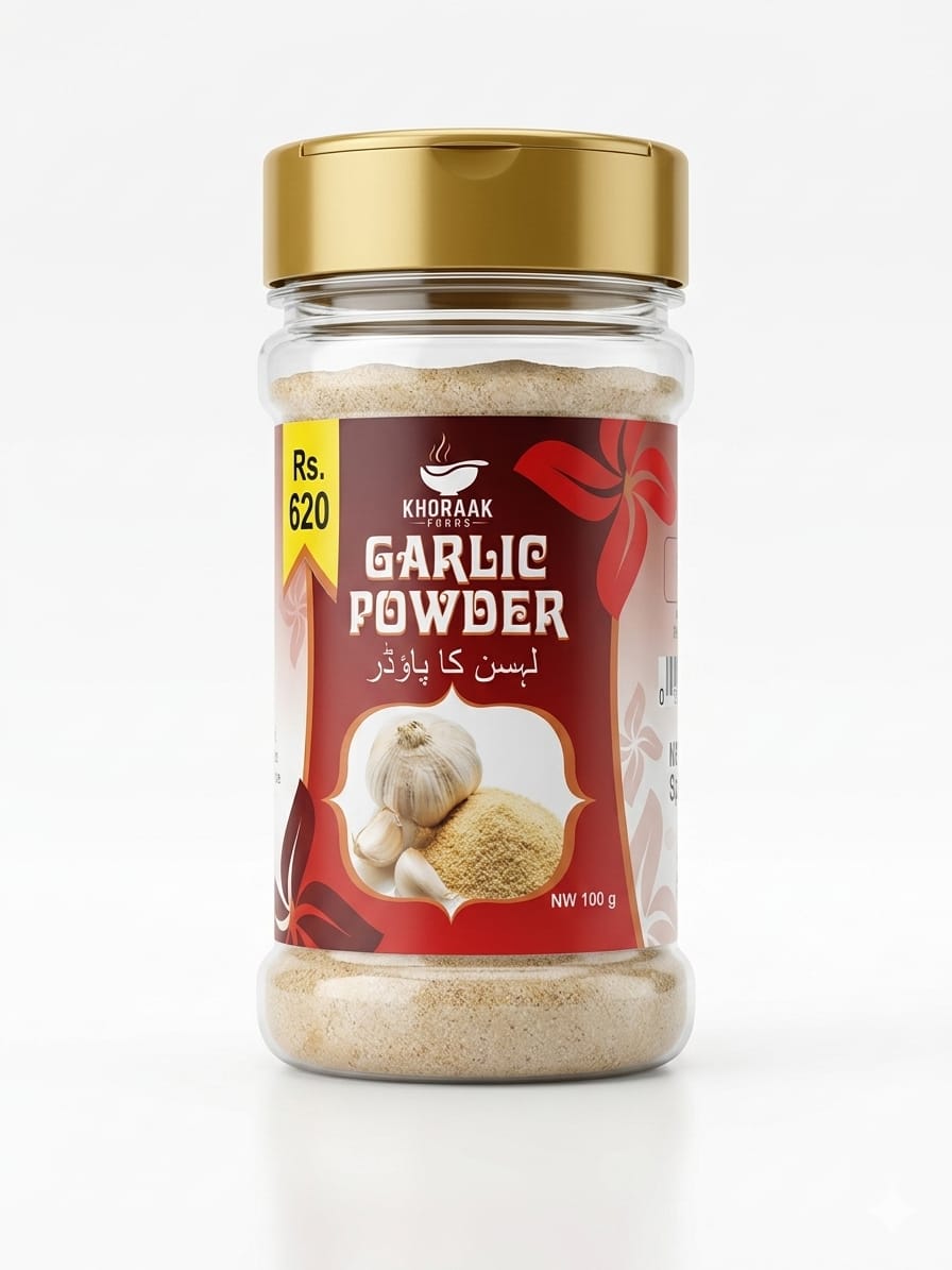 Khoraak Foods Pure Garlic Powder 100g jar made from premium quality garlic with rich aroma and authentic flavor.
