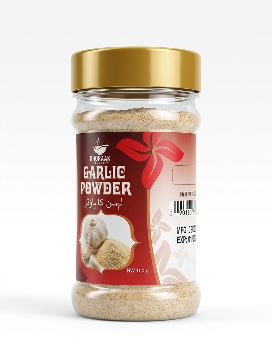 Khoraak Foods Pure Garlic Powder 100g jar made from premium quality garlic with rich aroma and authentic flavor.