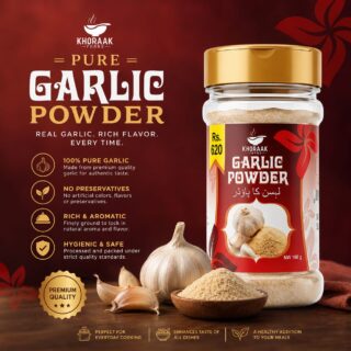 Khoraak Foods Pure Garlic Powder 100g jar made from premium quality garlic with rich aroma and authentic flavor.