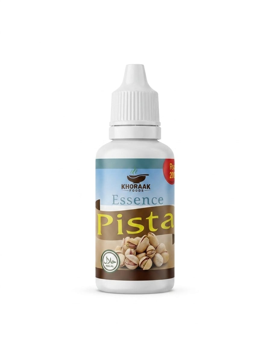Khoraak Foods Pista Essence, a concentrated pistachio flavoring essence for desserts, bakery items, beverages, ice cream, and sweet recipes.