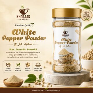 Khoraak Foods White Pepper Powder premium quality finely ground white pepper in a sealed jar.