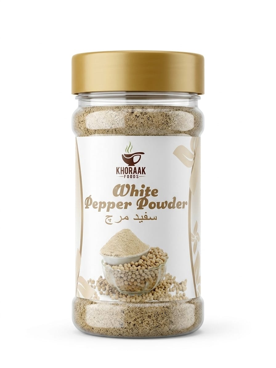 Khoraak Foods White Pepper Powder premium quality finely ground white pepper in a sealed jar.