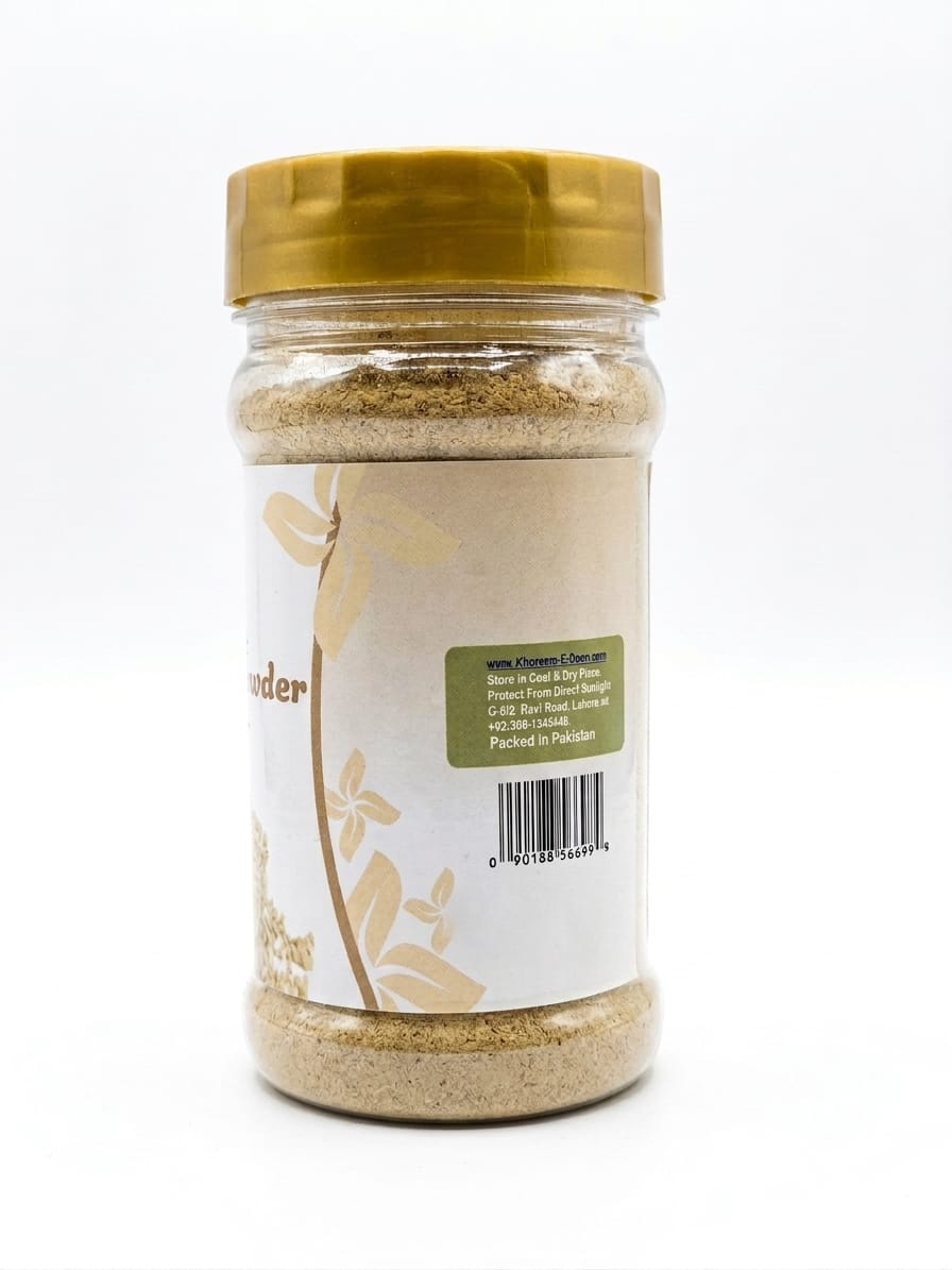 Khoraak Foods White Pepper Powder premium quality finely ground white pepper in a sealed jar.