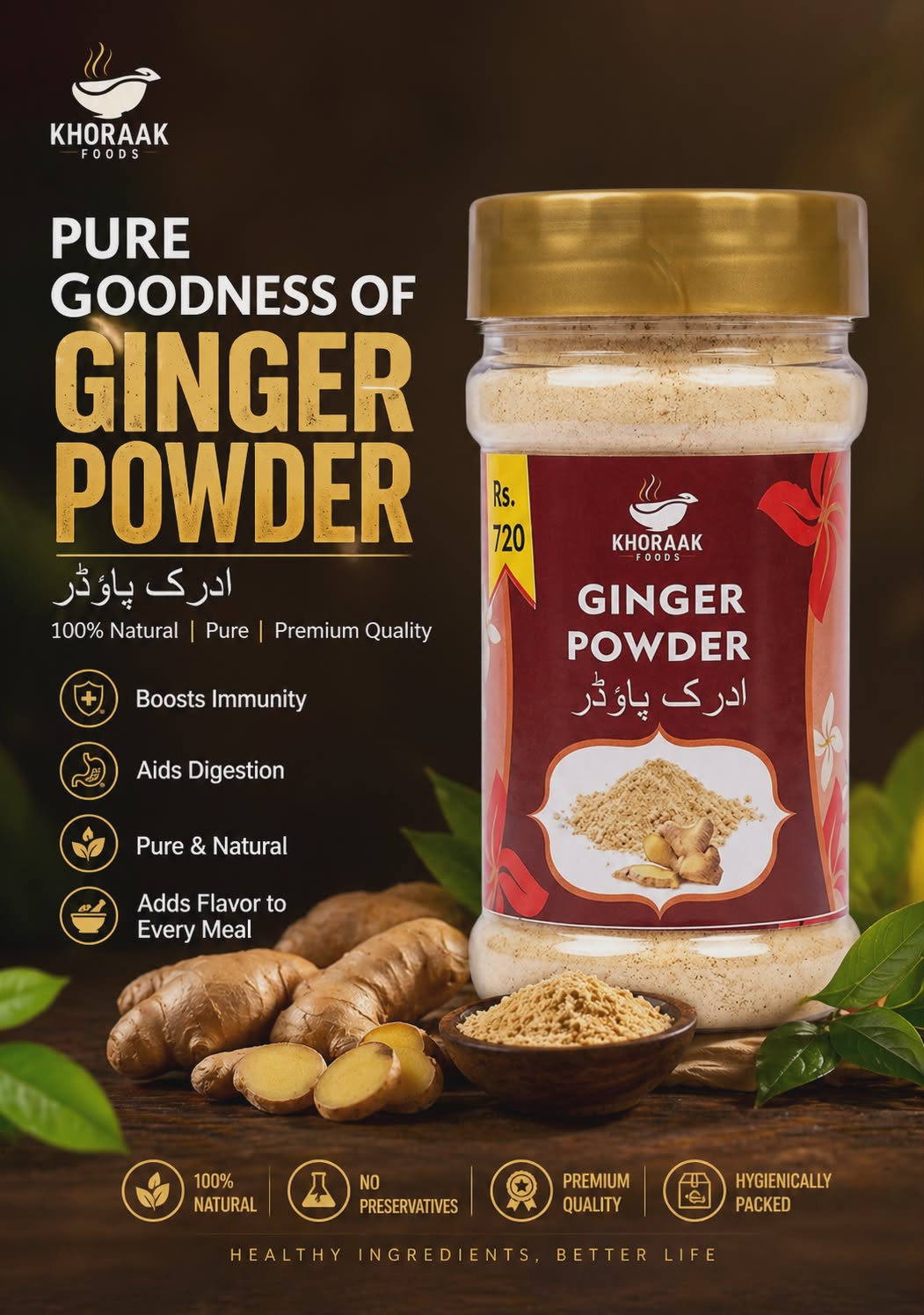 Khoraak Foods Ginger Powder jar premium natural adrak powder spice containe