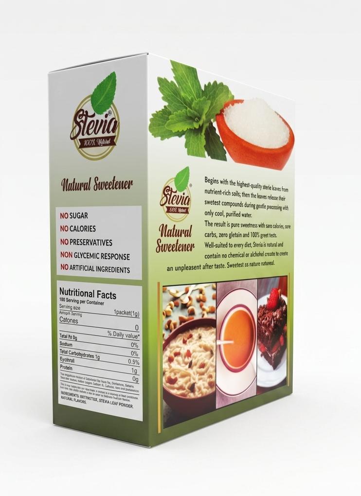 Stevia sweetener benefits showing zero calories zero carbs diabetic friendly