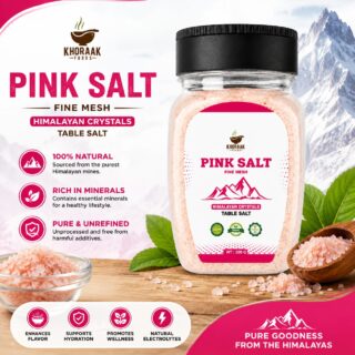 Khoraak Foods Pink Table Salt 200g Premium Himalayan Fine Mesh Salt with Free Dispenser Jar
