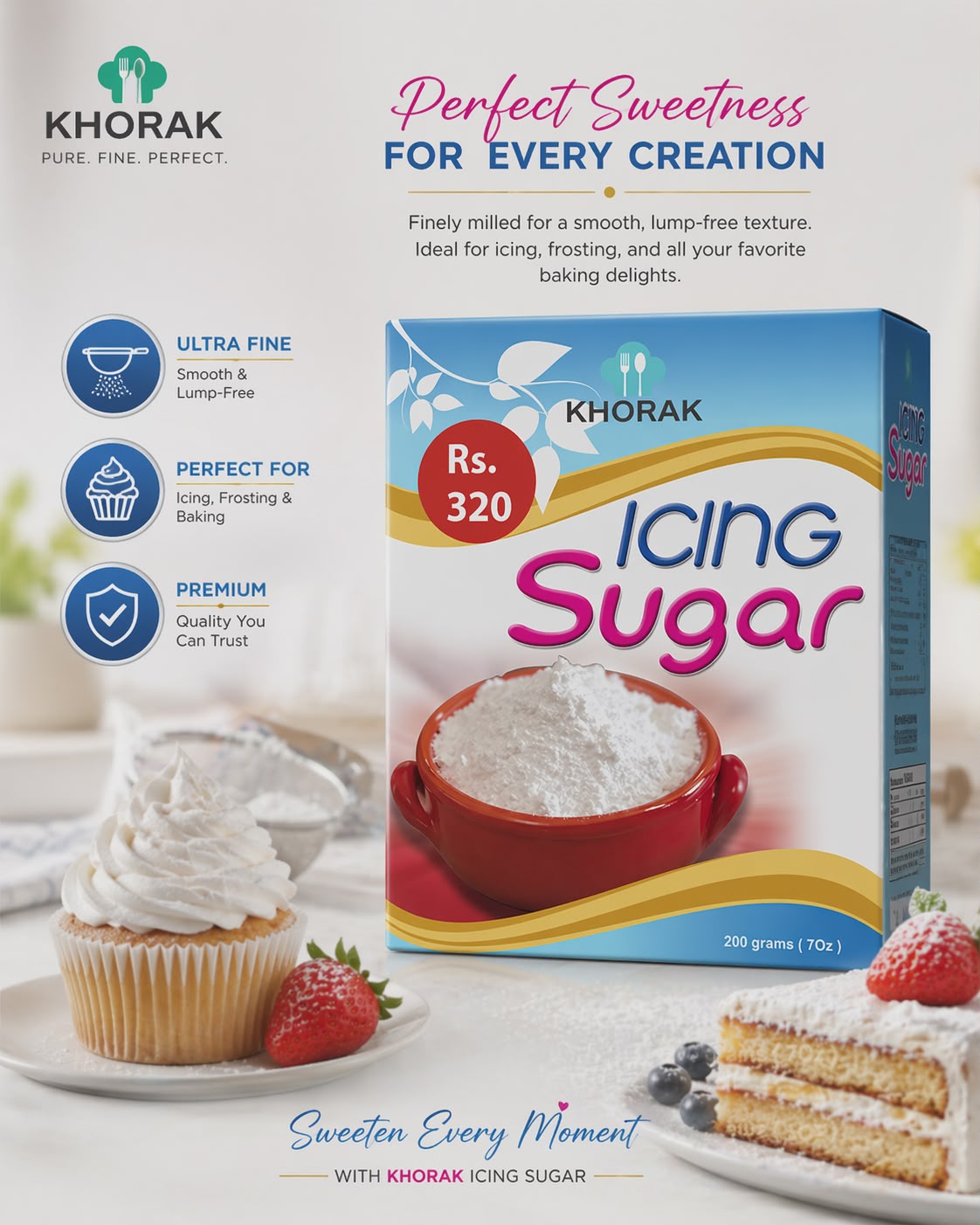 Khoraak Foods icing sugar 200g ultra fine powder for baking and frosting