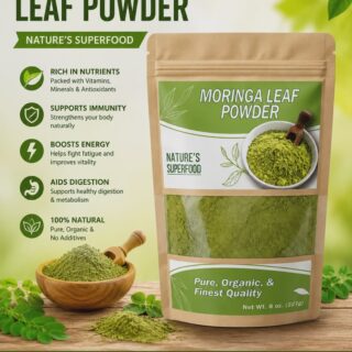 Moringa leaf powder in kraft pouch packaging natural superfood supplement