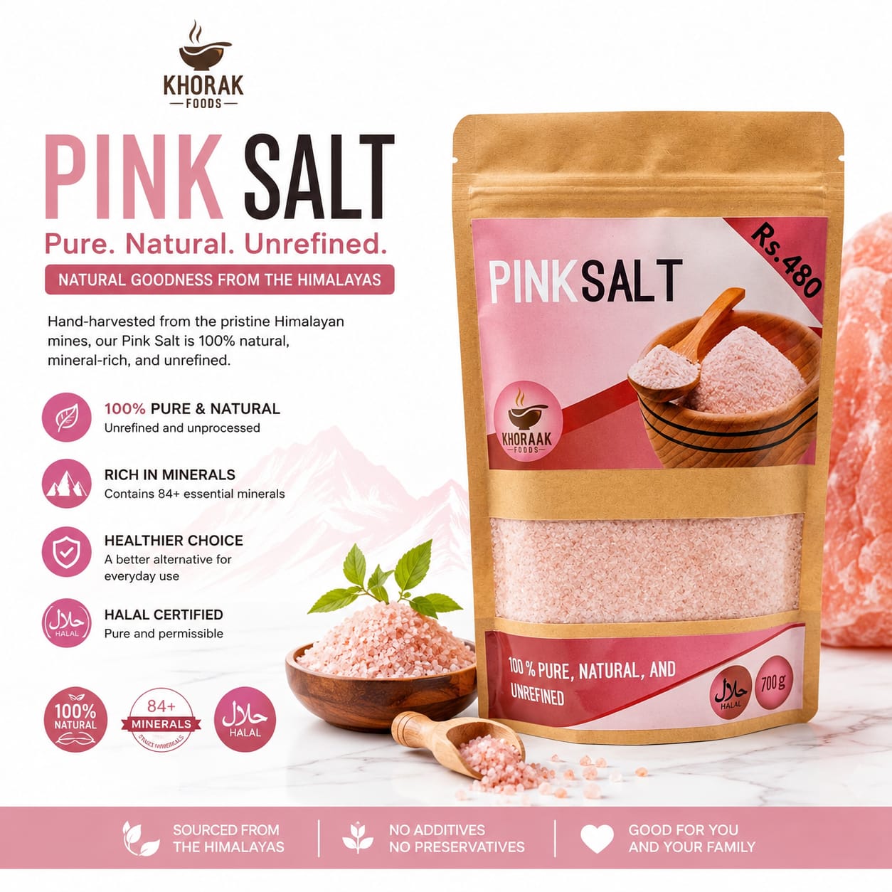 Khoraak Foods Pink Salt Crystals 700g Kraft Pack Premium Himalayan Pink Rock Salt for Salt Grinders and Cooking