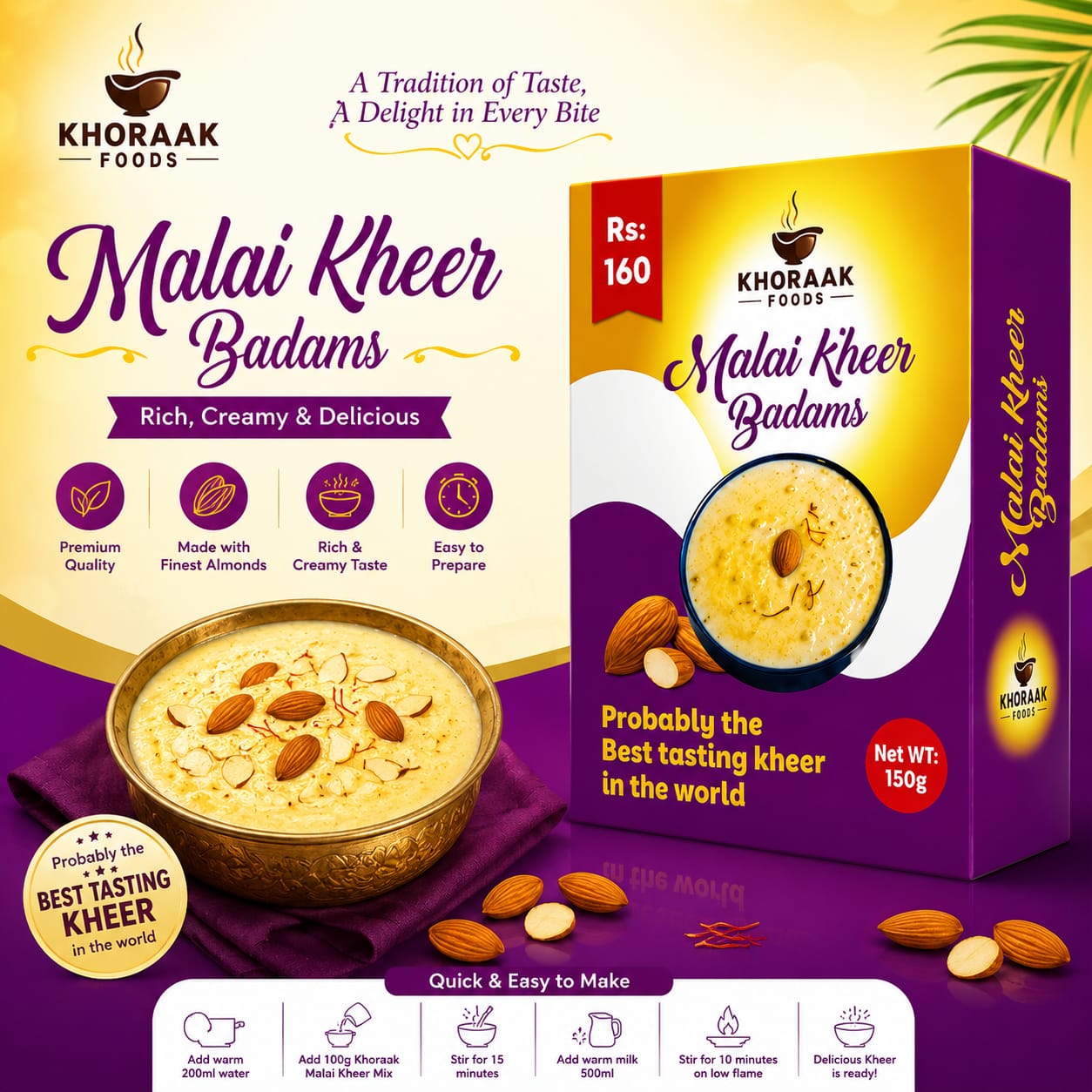 Khoraak Foods Malai Kheer Badami 150g Instant Kheer Mix Box for Creamy Almond-Flavoured Pakistani Dessert
