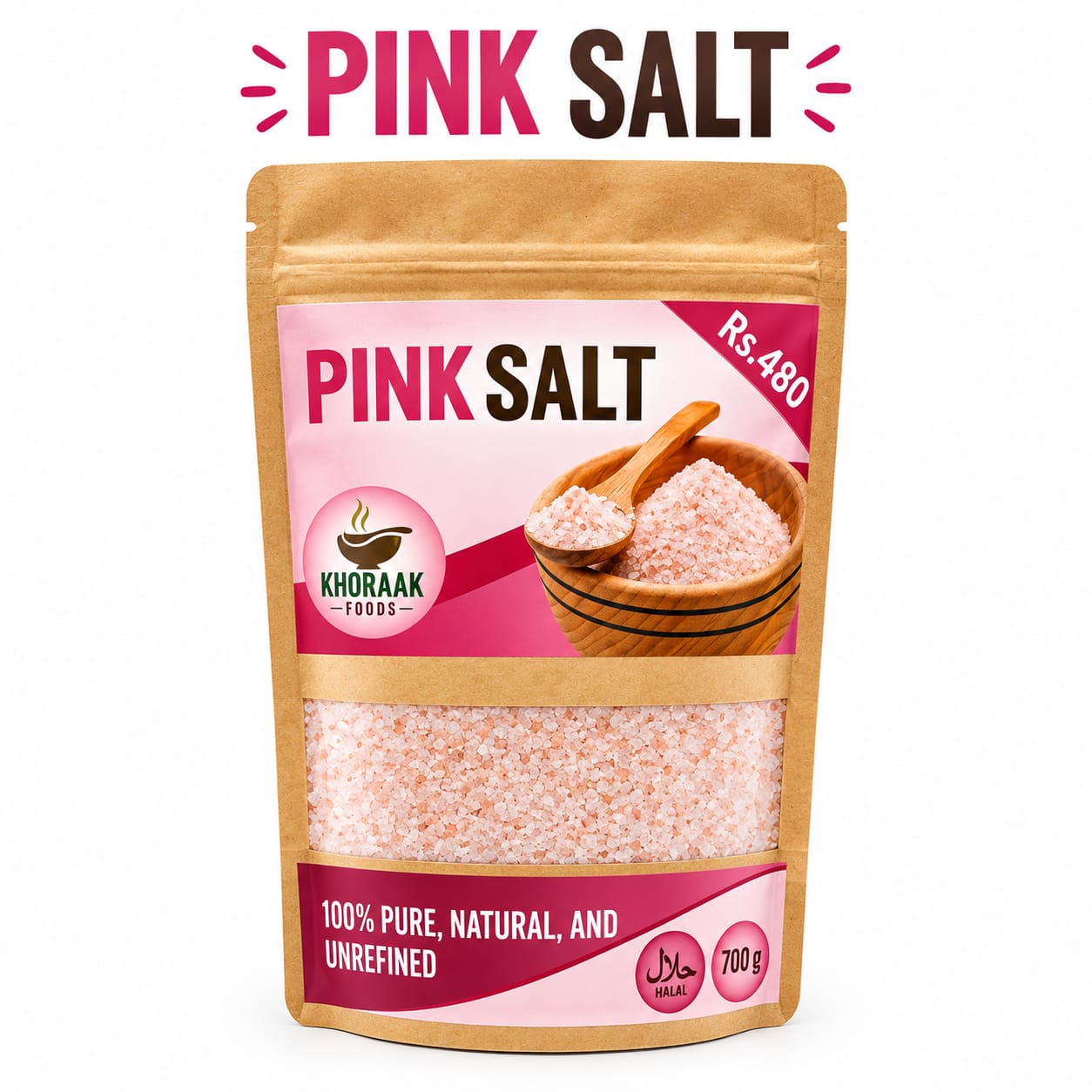 Pink Salt Crystals 700g Kraft Pack – Premium Himalayan Pink Salt