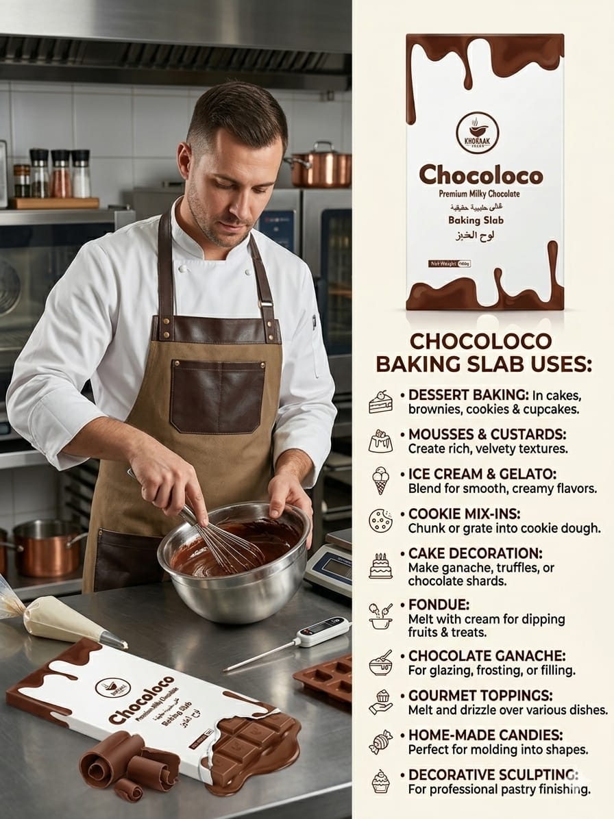 Chocoloco premium milky chocolate baking slab packaging by Khoraak Foods.