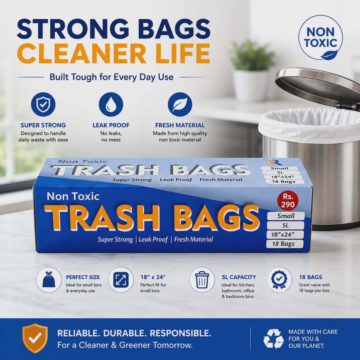 Non Toxic Trash Bags Small 5L with 18 leak proof and super strong garbage bags for everyday household use.