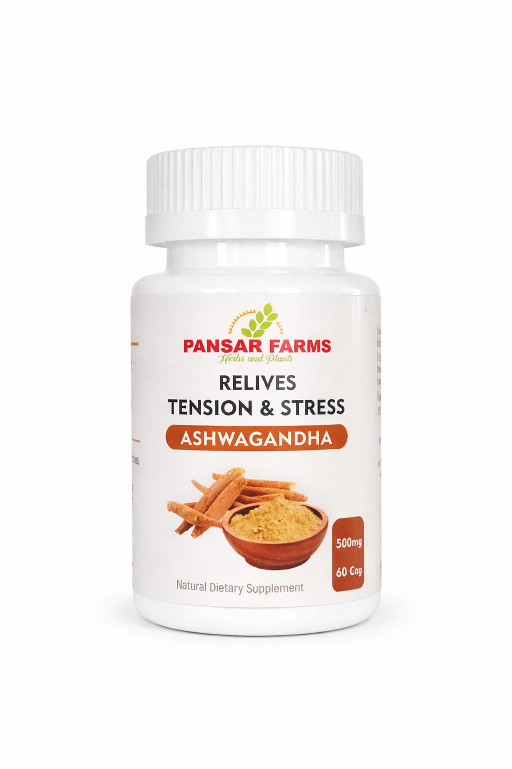 Ashwagandha capsules bottle 500mg 60 capsules Pansar Farms stress relief supplement