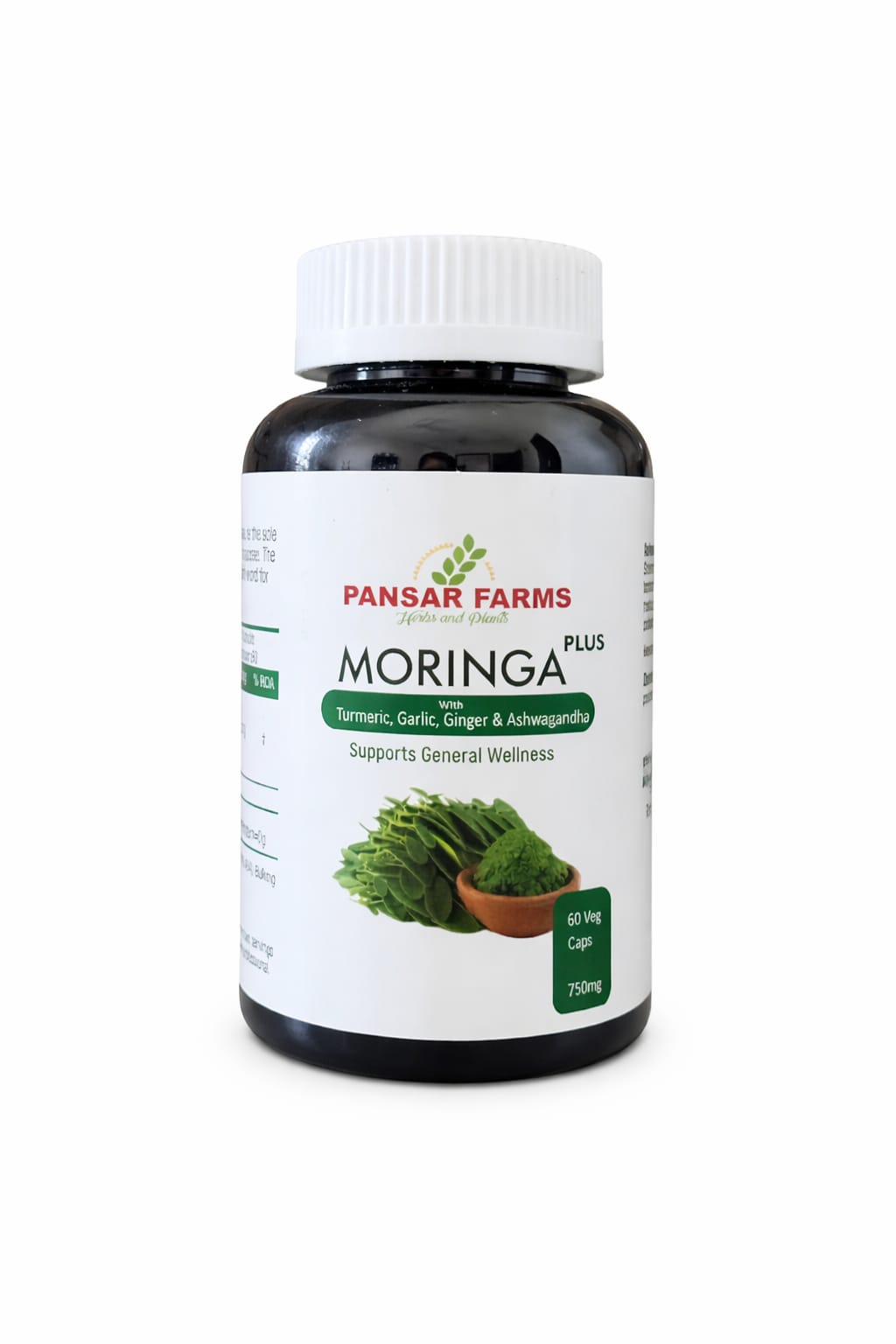 Pansar Farms Moringa Plus Capsules bottle 750mg with turmeric garlic ginger ashwagandha 60 veg caps herbal supplement for immunity energy wellness white background