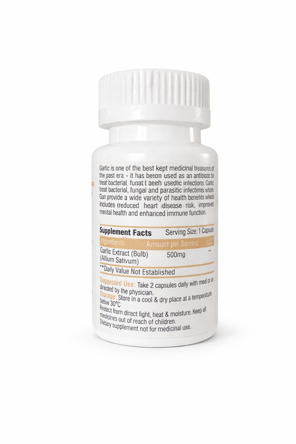 Garlic capsules bottle back side showing supplement facts and ingredients label