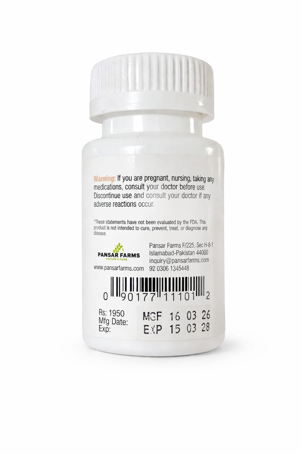 Garlic capsules bottle back with warning label barcode and manufacturing details