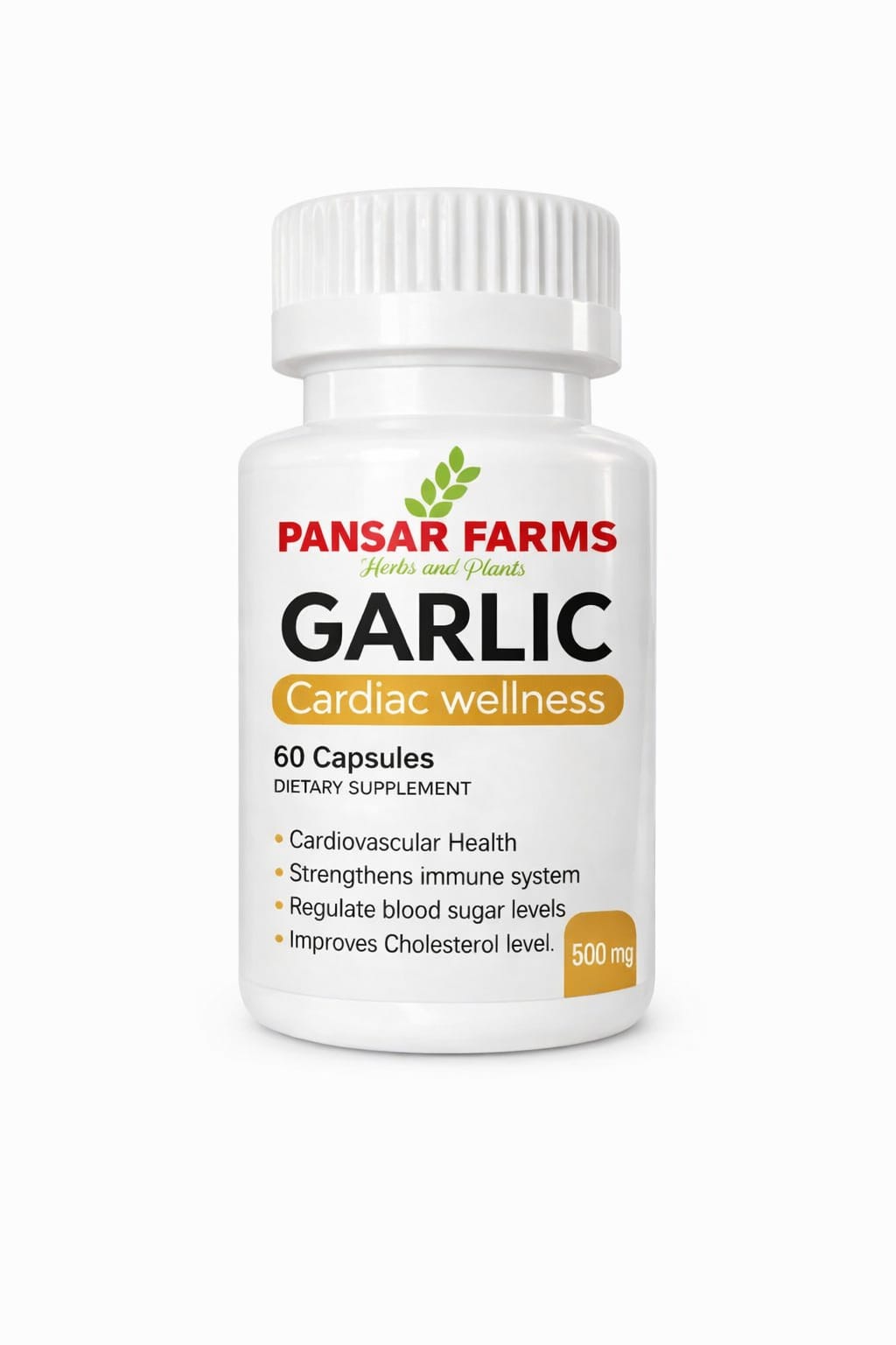Pansar Farms garlic capsules 500mg bottle front view dietary supplement