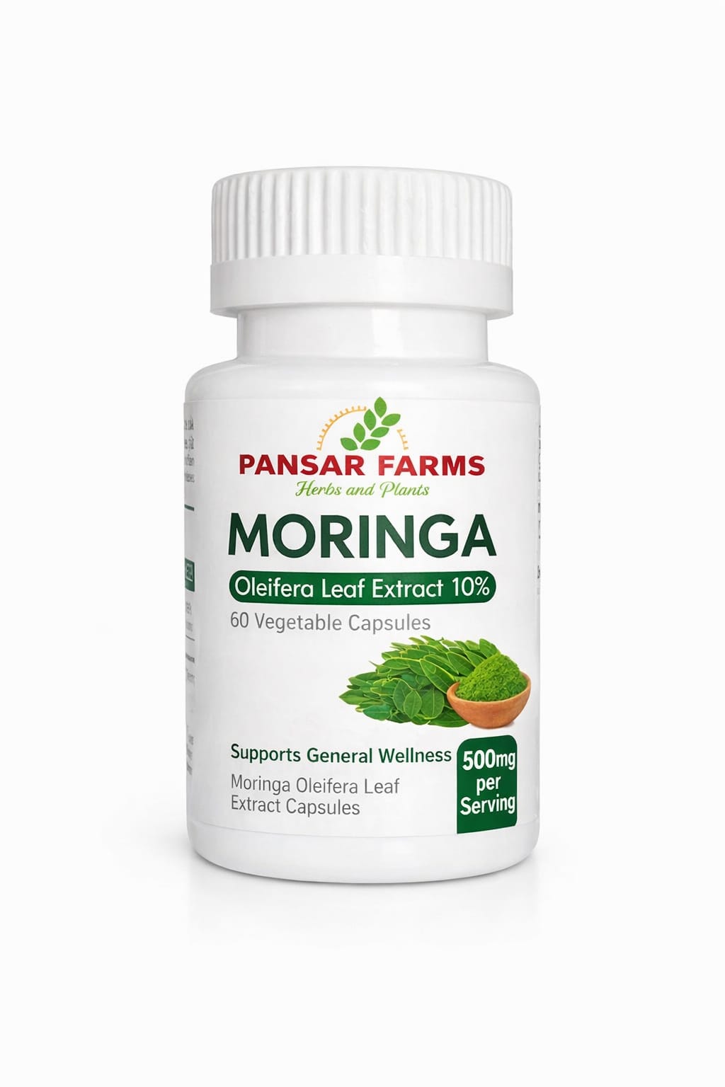 Moringa Oleifera leaf extract capsules bottle 60 vegetable capsules 500mg per serving