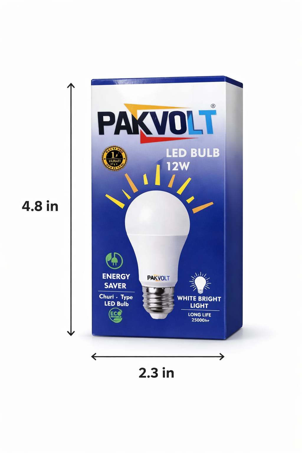 PakVolt LED bulb 12W box size 4.8 inch height 2.3 inch width