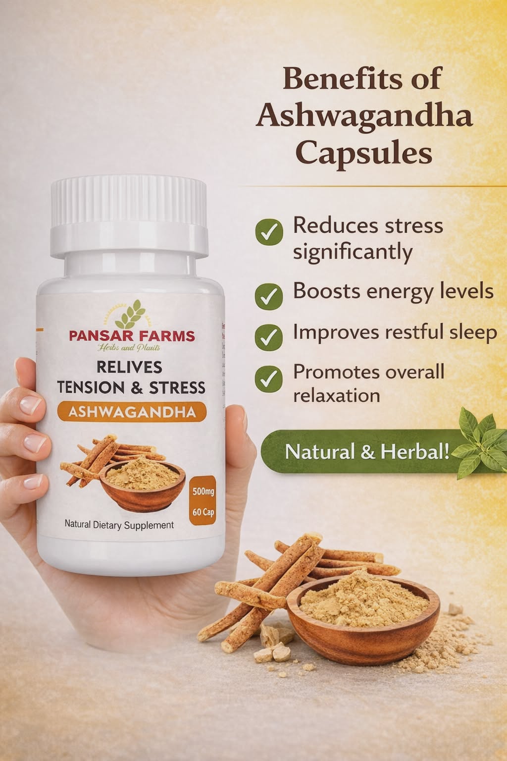 Pansar Farms Ashwagandha capsules bottle 500mg natural herbal supplement for stress relief