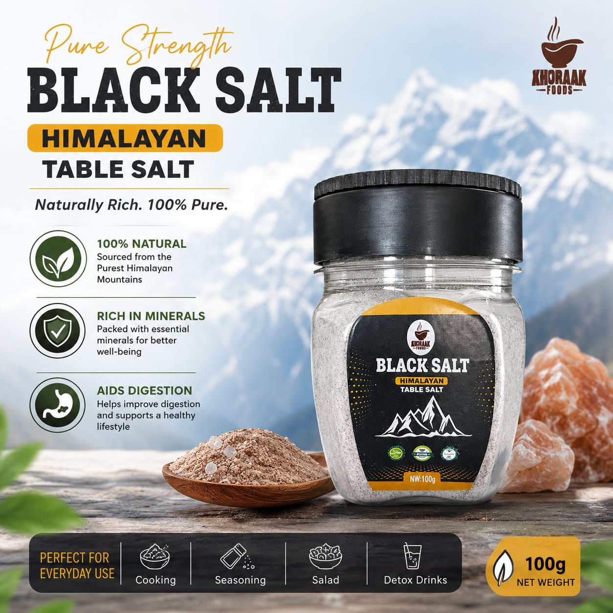 Black Salt 100g | Kala Namak Table Salt with FREE Dispenser Jar | Khoraak Foods - Image 3
