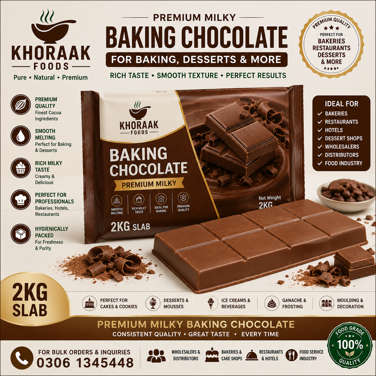 Khoraak Foods Chocolate Baking Slab 2kg Premium Milky Chocolate Block for Bakeries Restaurants Cafés Chocolatiers Wholesale Baking Chocolate Smooth Melting Chocolate for Cakes Cookies Brownies Desserts and Confectionery