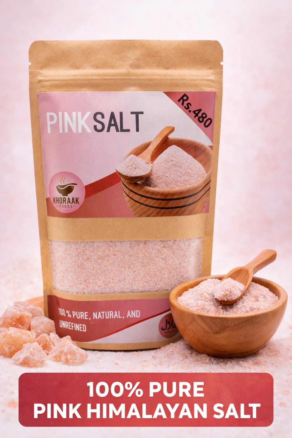 Pink salt being sprinkled on fresh salad