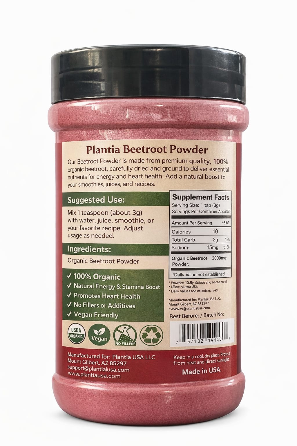 Plantia USA Beetroot Powder made from fresh natural beetroots
