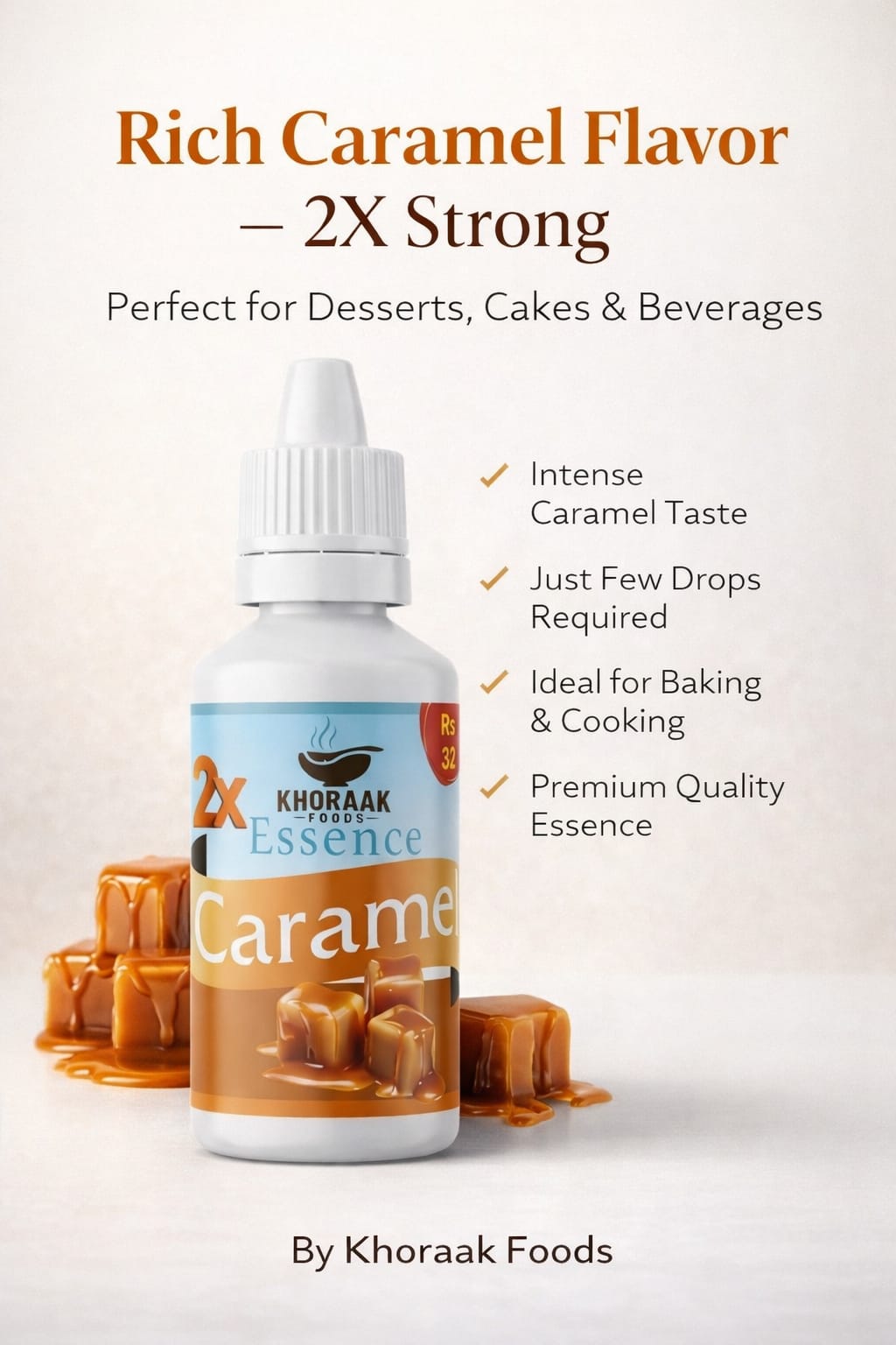 Khoraak Foods Caramel Essence 20ml Super Concentrated Halal Premium Food Flavor Dropper Bottle for Baking and Desserts