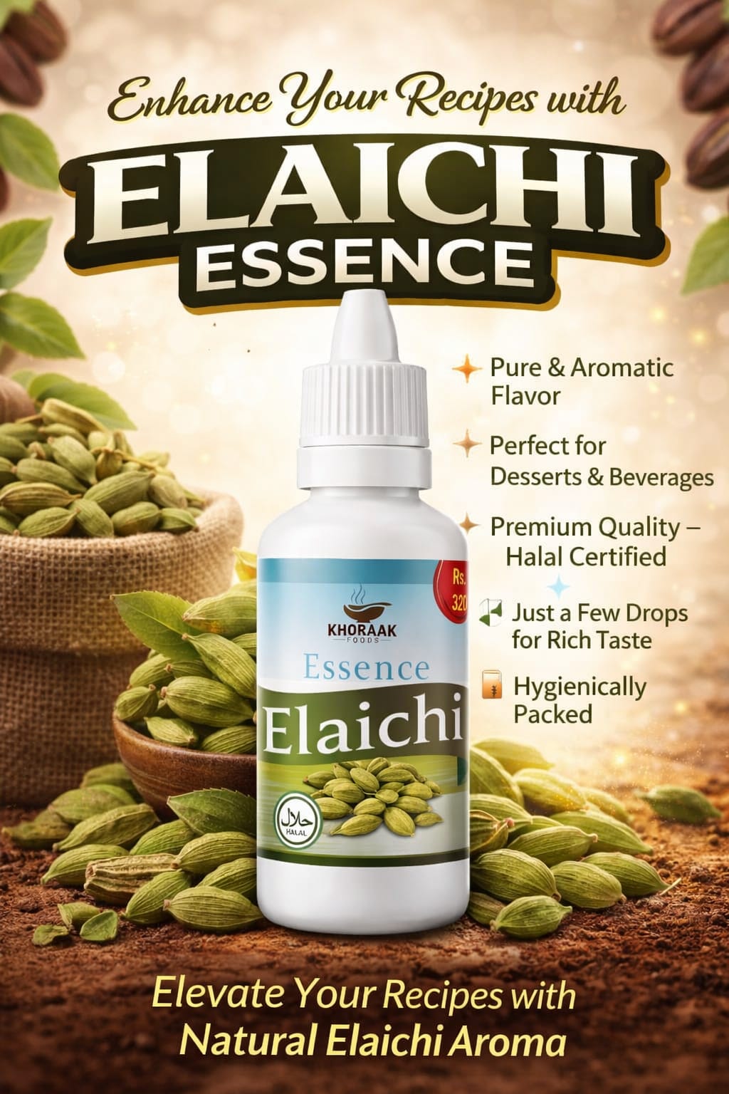 Khoraak Foods Elaichi Cardamom Essence 20ml Super Concentrated Halal Premium Food Flavor Dropper Bottle for Baking Desserts and Beverages