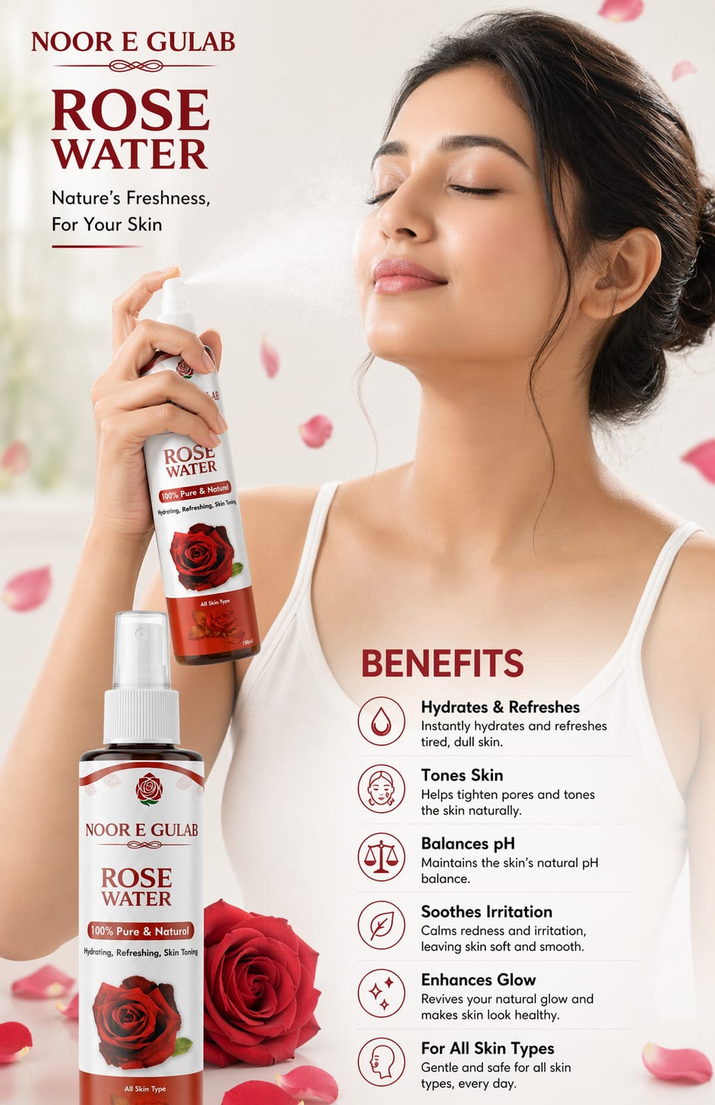natural rose water skincare product with roses glowing skin concept