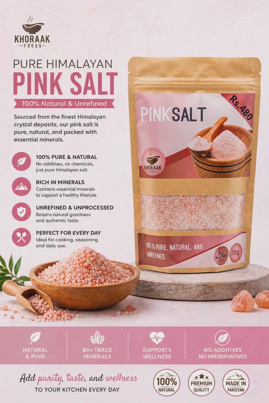 Khoraak Foods Himalayan Pink Salt 700g pouch natural unrefined salt