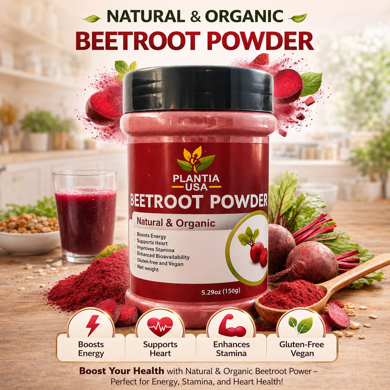Plantia USA Beetroot Powder – Natural & Organic Superfood | Boost Energy, Stamina & Heart Health | Rich in Antioxidants | No Fillers, Vegan Supplement (150g)