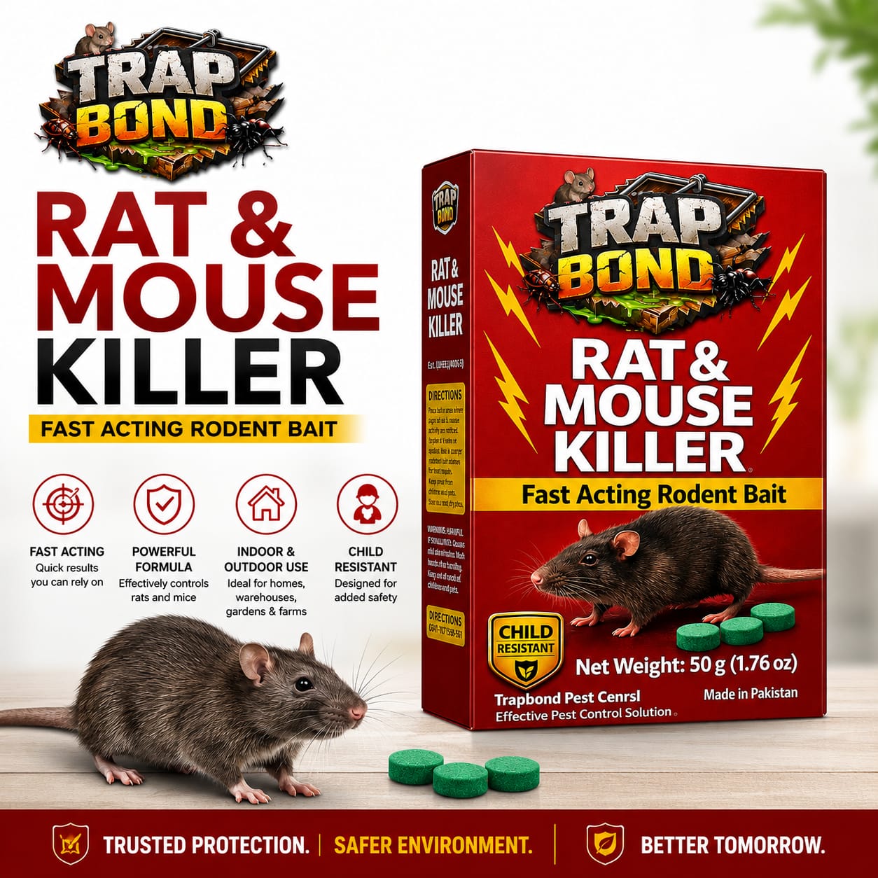 Trap Bond Rat Killer Tablets for Rat and Mouse Control in Homes Warehouses Shops and Farms